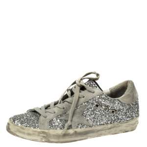 Pre Owned Golden Goose Silver Glitter and Suede Superstar Lace Up Sneakers Size 38