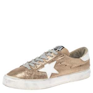 Pre Owned Golden Goose Gold/White Glitter And Leather Superstar Low Top Sneakers Size 40