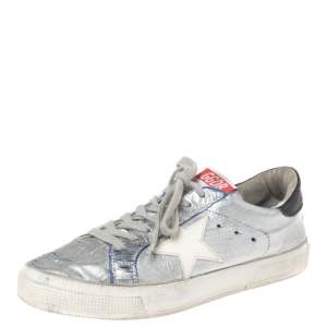 Pre Owned Golden Goose Silver/White Leather Star Applique Low Top Sneakers Size 39