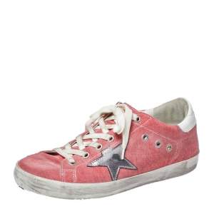 Pre Owned Golden Goose Pink Denim And Metallic Silver Star Applique Low Top Sneakers Size 38
