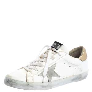 Pre Owned Golden Goose White/Gold Leather Superstar Low Top Sneakers Size 39