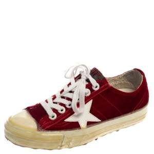 Pre Owned Golden Goose Red Velvet And Leather V Star 2 Low Top Sneakers Size 36