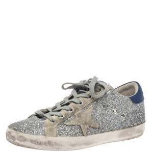 Pre Owned Golden Goose Silver Suede And Glitter Super-Star Sneakers Size 38