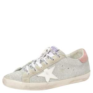 Pre Owned Golden Goose Silver/White Glitter And Suede SuperStar Sneakers Size 41