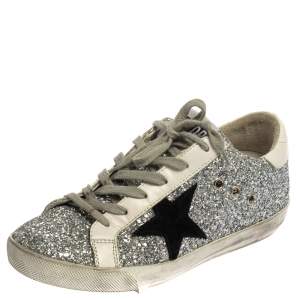 Pre Owned Golden Goose Silver/White Glitter And Leather Superstar Sneakers Size 37
