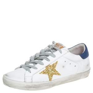 Pre Owned Golden Goose White Leather And Glitter Superstar Lace Up Sneakers Size 40