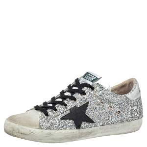 Pre Owned Golden Goose Silver Glitter And Suede Superstar Sneakers Size 39
