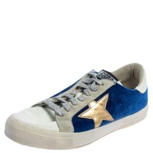 Pre Owned Golden Goose Blue/White Velvet And Leather May Low Top Sneakers Size 39