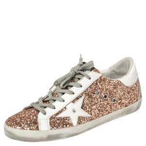 Pre Owned Golden Goose Rose Gold Glitter and Leather Superstar Sneakers Size 40