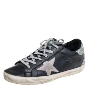 Pre Owned Golden Goose Black/Silver Leather And Glitter Superstar Low Top Sneakers Size 37