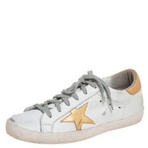 Pre Owned Golden Goose White/Gold Leather Superstar Low-Top Sneakers Size 39