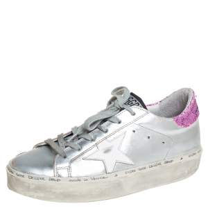 Pre Owned Golden Goose Silver/Pink Leather And Glitter Superstar Low Top Sneakers Size 37