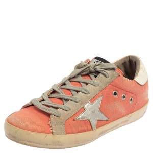 Pre Owned Golden Goose Pink/White Canvas And Suede Superstar Sneakers Size 39