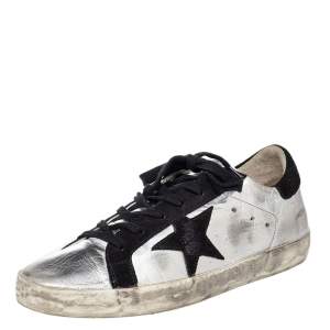 Golden Goose Silver/Black Metallic Leather And Suede Superstar Sneakers Size 40