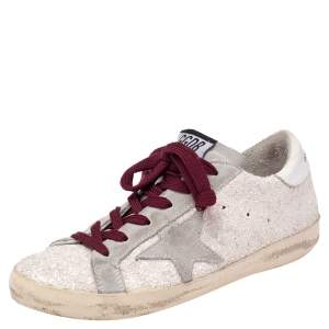 Golden Goose Vanilla/Grey Glitter and Suede Superstar Low Top Sneaker Size 36