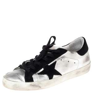 Golden Goose Silver/Black Glossy Leather and Suede Superstar Sneakers Size 39