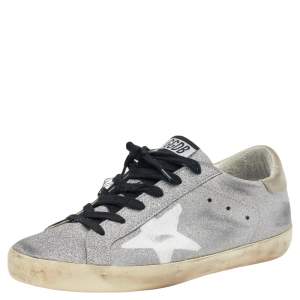 Golden Goose Silver/Grey Glitter And Suede Super Star Low Top Sneakers Size 39