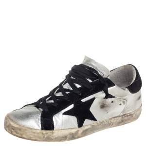 Golden Goose Silver/Black Leather And Suede Superstar Low-Top Sneakers Size 38