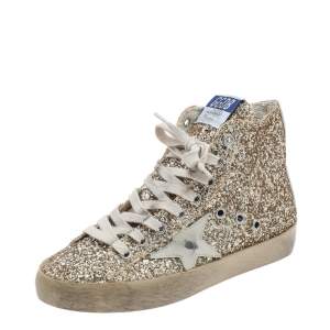 Pre Owned Golden Goose Gold Glitter Francy High Top Sneakers Size 35