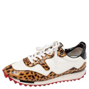 Pre Owned Golden Goose White/Brown Nylon and Animal Print Patent Leather Low-Top Sneakers Size 39