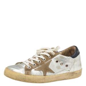 Pre Owned Golden Goose Metallic Silver Leather And Suede Archive Low Top Sneakers Size 36