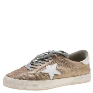 Pre Owned Golden Goose Metallic Gold Crinkled Leather May Low Top Sneakers Size 39
