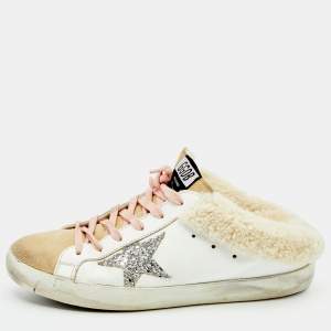 Pre Owned Golden Goose White/Beige Leather And Suede Superstar Sabot Shearling Sneakers Size 39