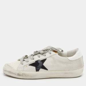 Pre Owned Golden Goose Off White/Grey Woven Fabric And Leather Superstar Sneakers Size 38