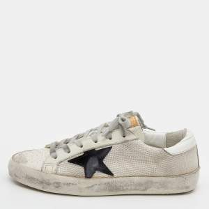 Pre Owned Golden Goose White Leather And Woven Fabric Superstar Low Top Sneakers Size 38