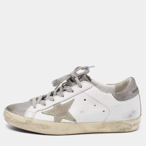 Pre Owned Golden Goose White/Silver Leather and Glitter Super Star Low-Top Sneakers Size 36