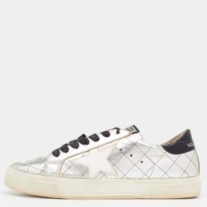 Golden Goose Silver Quilted Leather Lace Up Sneakers Size 38