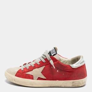 Golden Goose Red/Grey Suede And Leather Superstar Low Top Sneakers Size 38