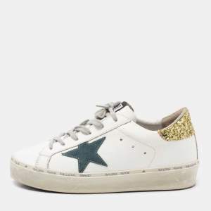 Golden Goose White/Yellow Leather and Glitter Hi Star Low-Top Sneakers Size 38