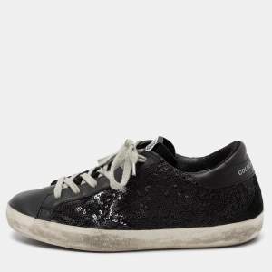 Pre Owned Golden Goose Black Sequins And Leather Superstar Sneakers Size 35