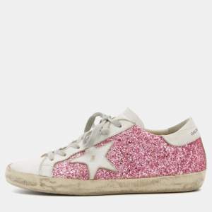 Pre Owned Golden Goose White/Pink Leather and Glitter Super Star Applique Sneakers Size 38