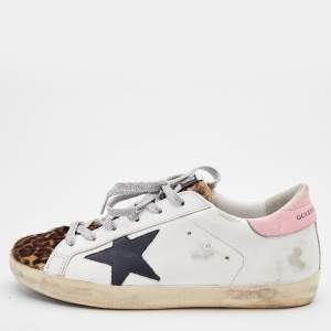 Golden Goose White/Pink Leather and Leopard Print Calf Hair Hi Star Sneakers Size 37
