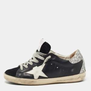 Golden Goose Black/Silver Leather and Glitter Super Star Sneakers Size 36