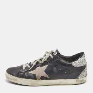 Golden Goose Black/Silver Leather and Coarse Glitter Superstar Low Top Sneakers Size 38