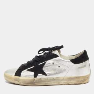 Golden Goose Silver/Black Leather and Suede Superstar Sneakers Size 38