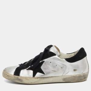 Golden Goose Metallic/Black Leather and Suede Superstar Sneakers Size 40