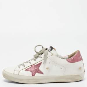 Golden Goose White/Pink Leather And Glitter Superstar Low Top Sneakers Size 39
