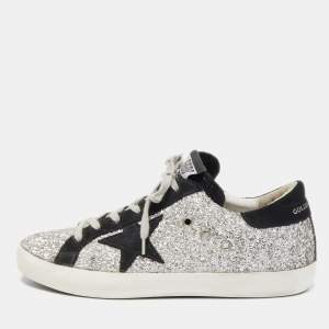 Pre Owned Golden Goose Silver Glitter Leather Superstar Sneakers Size 40