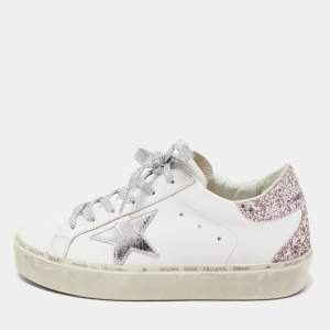 Golden Goose White/Pink Leather and Glitter Hi Star Sneakers Size 37