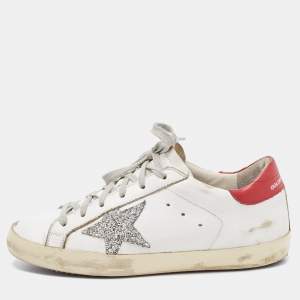 Golden Goose White/Red Leather and Coarse Glitter Superstar Sneakers Size 38