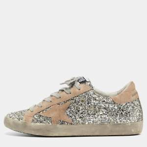 Golden Goose Silver/Beige Coarse Glitter and Suede Super-Star Sneakers Size 38