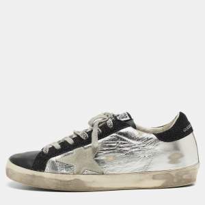 Golden Goose Silver/Black Leather Super-Star Sneakers Size 38