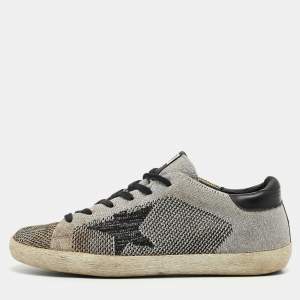 Golden Goose Grey/Black Glitter Fabric and Leather Superstar Sneakers Size 37