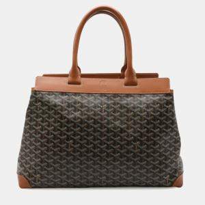 Goyard Belle Chasse MM Herringbone Pattern Black Brown Coated Canvas Leather Tote