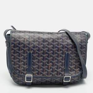 Pre Owned Goyard Blue Goyardine Coated Canvas and Leather Belvedere MM Saddle Bag