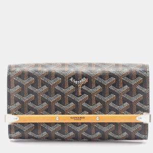 Pre Owned Goyard Monte Carlo Mini Case Pouch Bag In Coated Canvas And Wood Black Multicolor